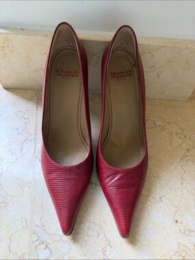 Charles Jourdan Burgundy Textured Pointed Toe Pumps